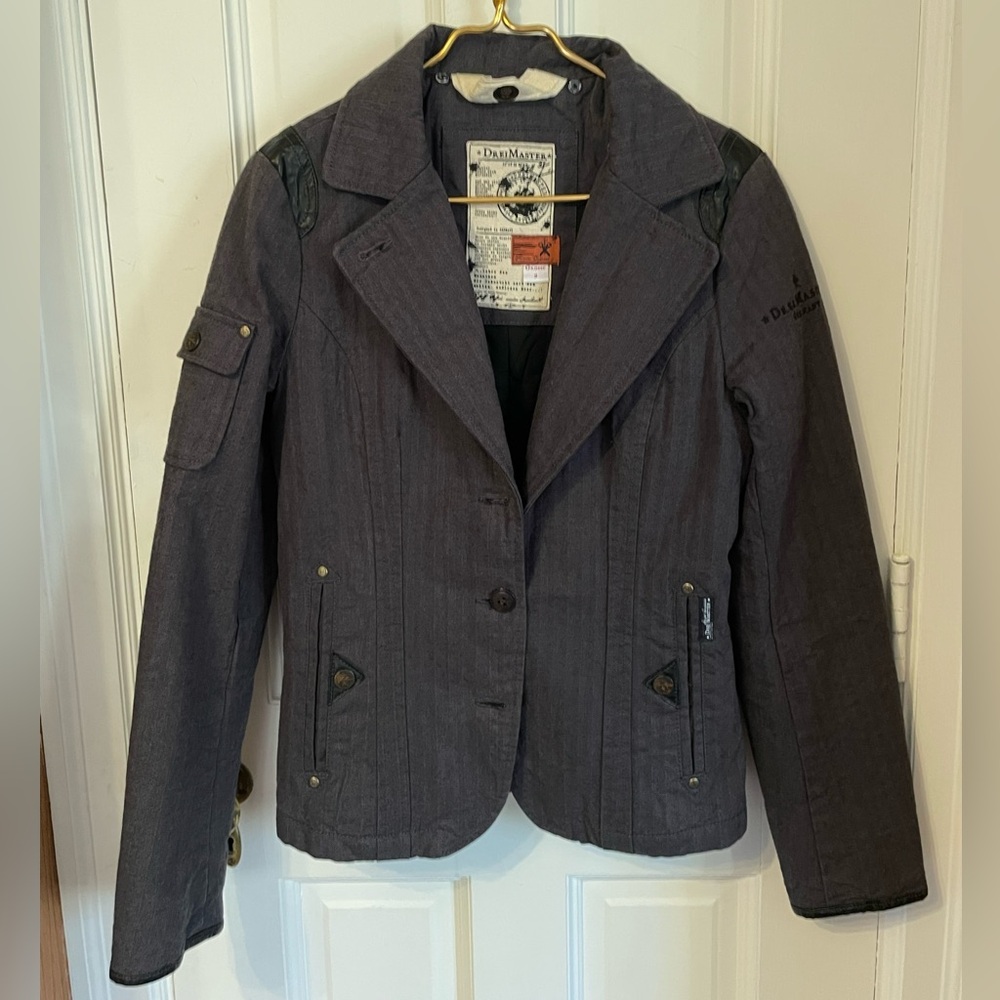 DreiMaster Germany Gray Herringbone Blazer Moto Detail PU Leather Size S